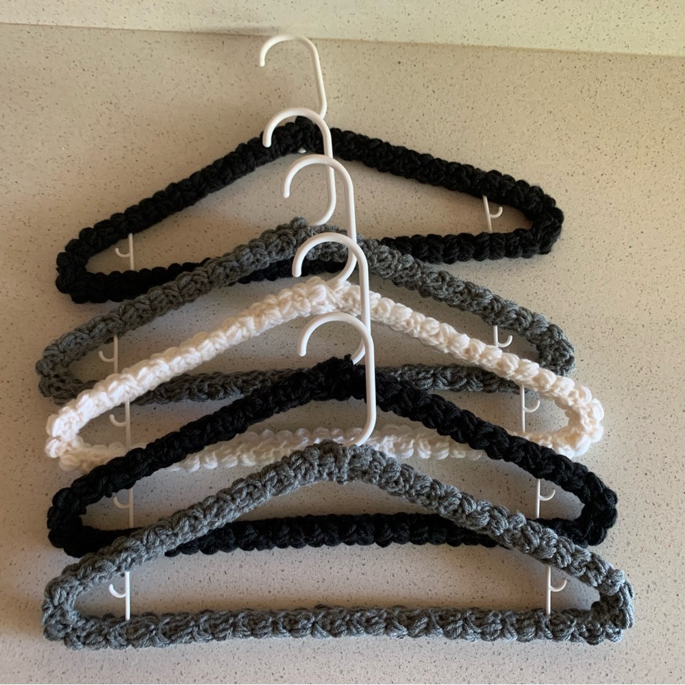 Clothes Hangers New Set of 5 Gray Black White Handmade Crochet
